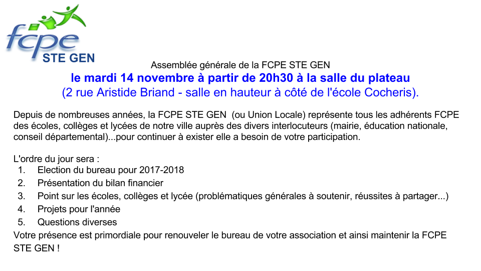 AG 2017-2018 de la FCPE de Sainte Geneviève des bois